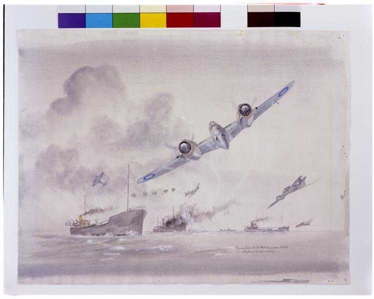 Représentation artistique (croquis en couleur) d'avions du 404e escadron attaquant des navires d’expédition allemands. Un avion est à l’avant-plan, d'autres sont au loin, au-dessus de gros navires de charge. De la fumée s’échappe d'un navire.